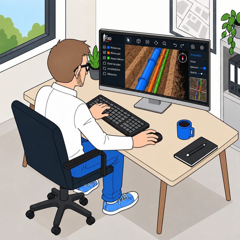 Géomètre contrôlant le levé et dessinant les réseaux dans myF3D Editor