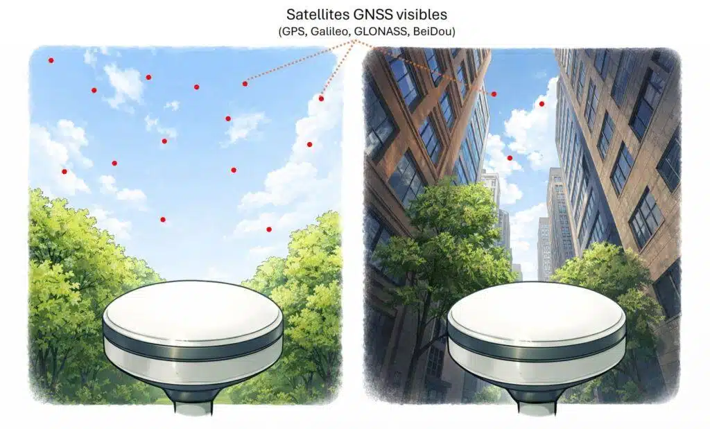 Comparaison de la réception GNSS. À gauche, en ciel dégagé, l'antenne voit de nombreux satellites GPS, Galileo, GLONASS et BeiDou. À droite, en canyon urbain, les façades des immeubles en masquent une grande partie.