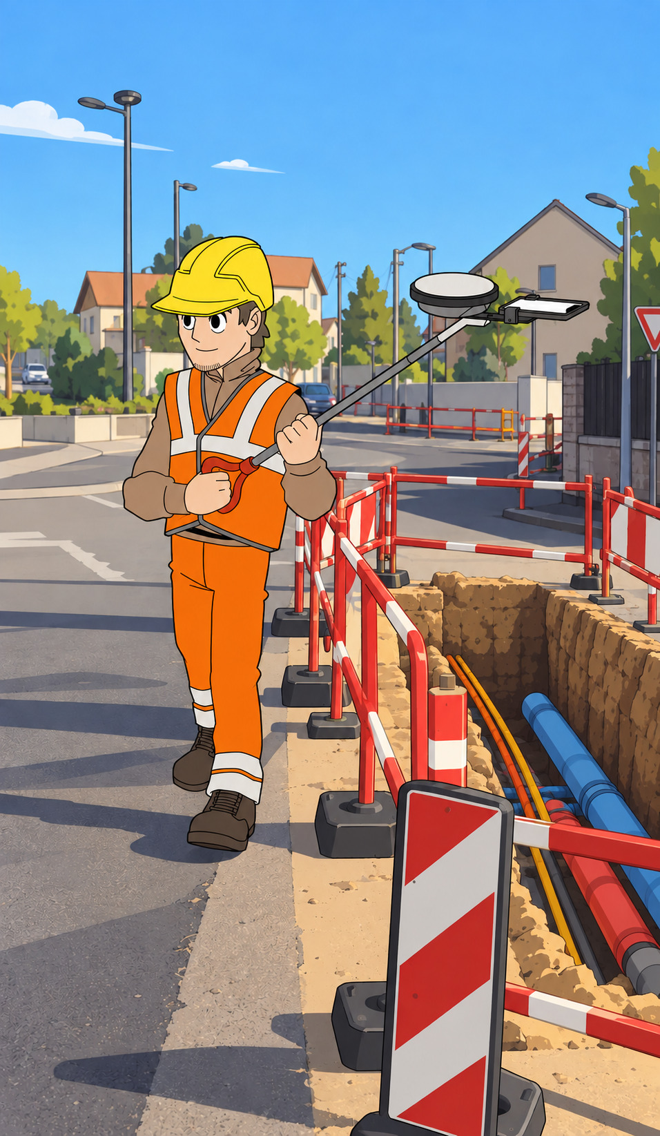 Opérateur de l'équipe chantier réalisant l'acquisition au bord de la fouille