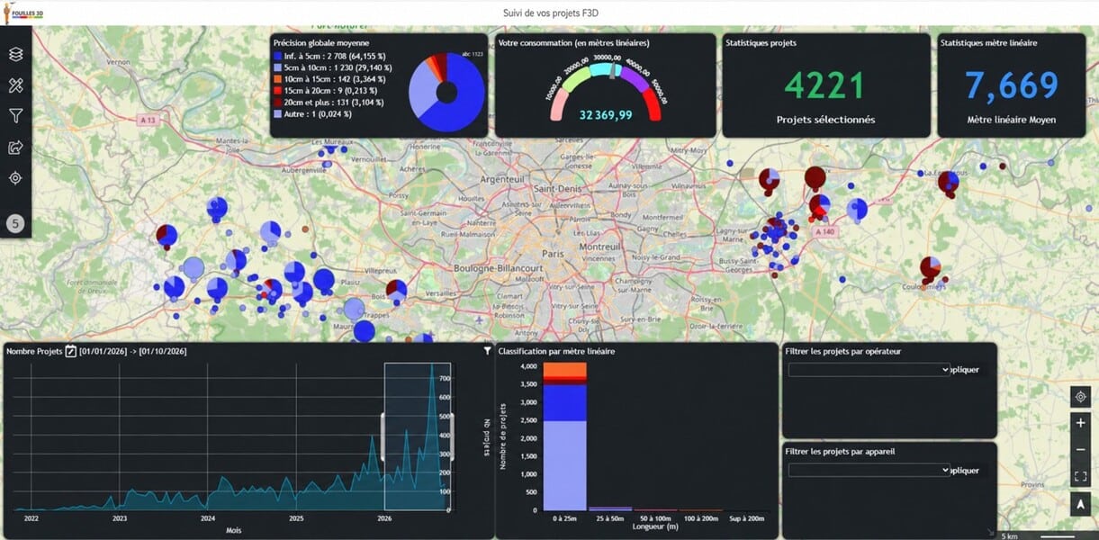 Carte interactive de myF3D Monitor affichant l'ensemble des chantiers géoréférencés
