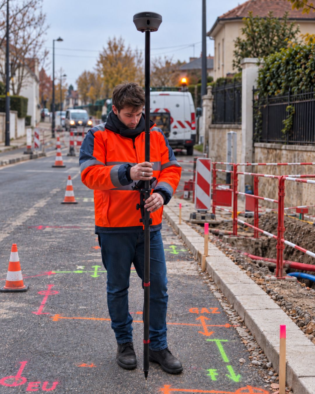 Canne topographique équipée de l'antenne GNSS et du carnet de terrain